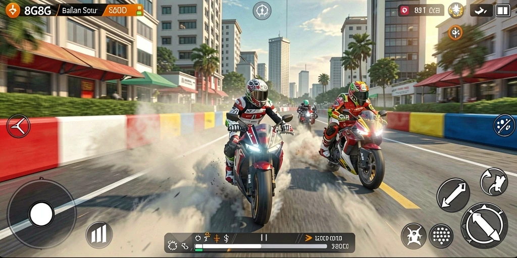 Screenshot gameplay 8G8G yang menunjukkan balapan motor yang seru