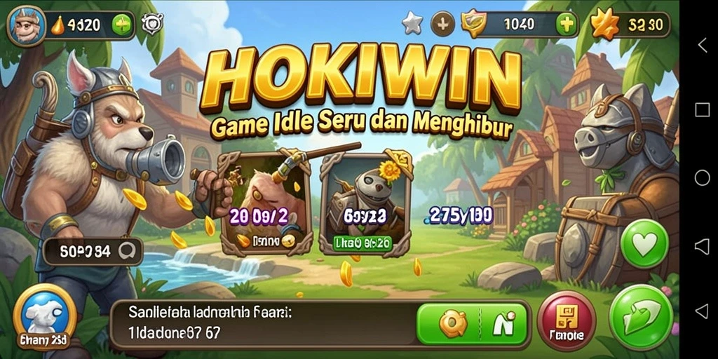 Tampilan gameplay HOKIWIN dengan karakter yang bekerja secara otomatis.