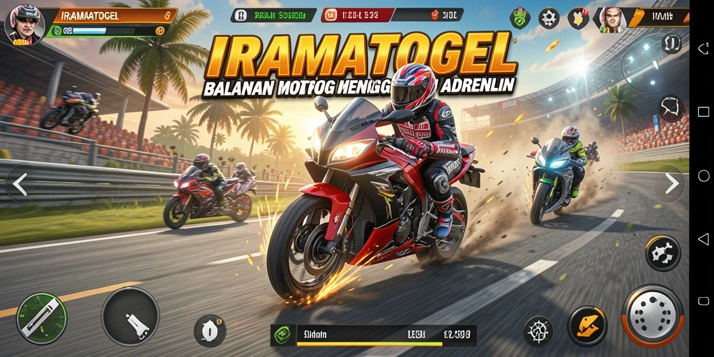 Gameplay menegangkan saat berbalap di IRAMATOGEL dengan motor berkecepatan tinggi.