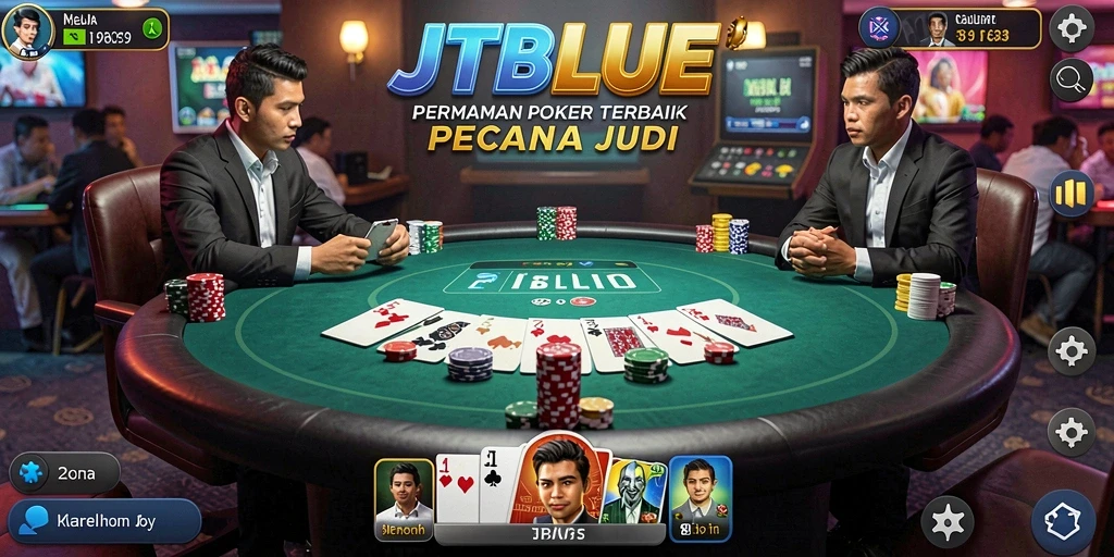 Tampilan utama JTBLUE menampilkan gameplay poker yang menegangkan dan seru.