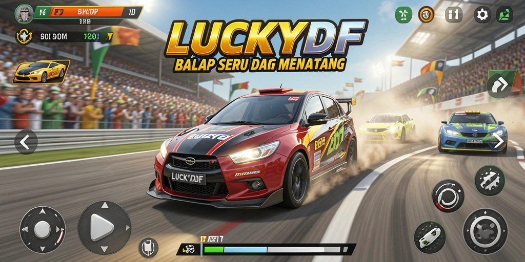 Screenshot gameplay LUCKYDF dengan mobil balap di lintasan menantang.