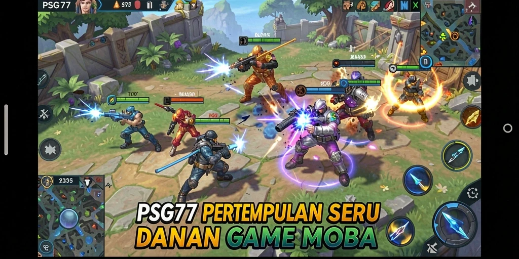 Screenshot utama PSG77 menampilkan aksi seru dalam pertarungan tim MOBA.