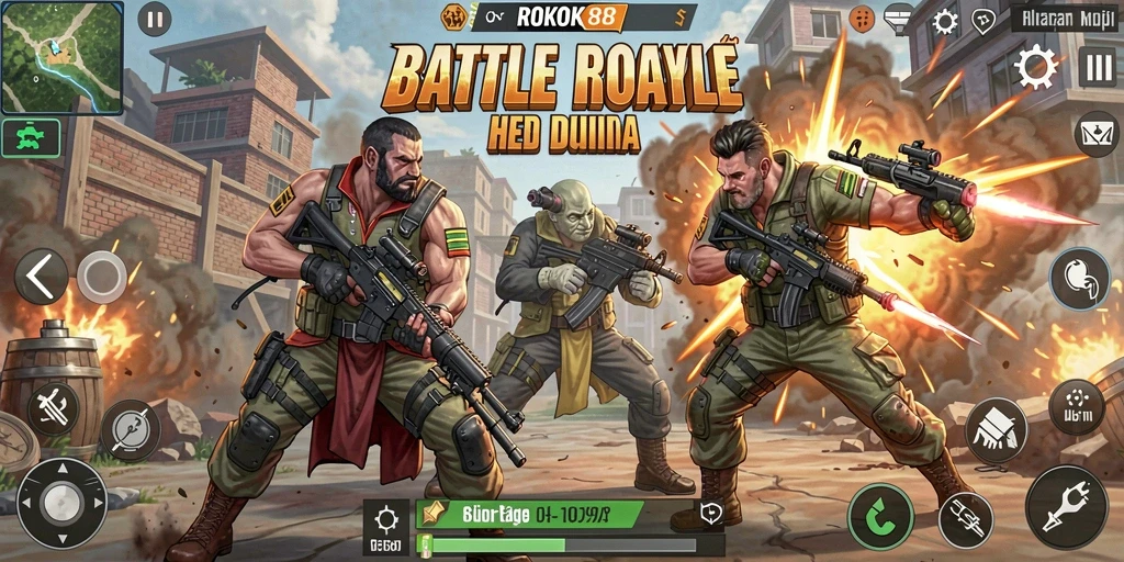 Screenshot utama ROKOK88 menampilkan aksi pertarungan sengit di arena Battle Royale.